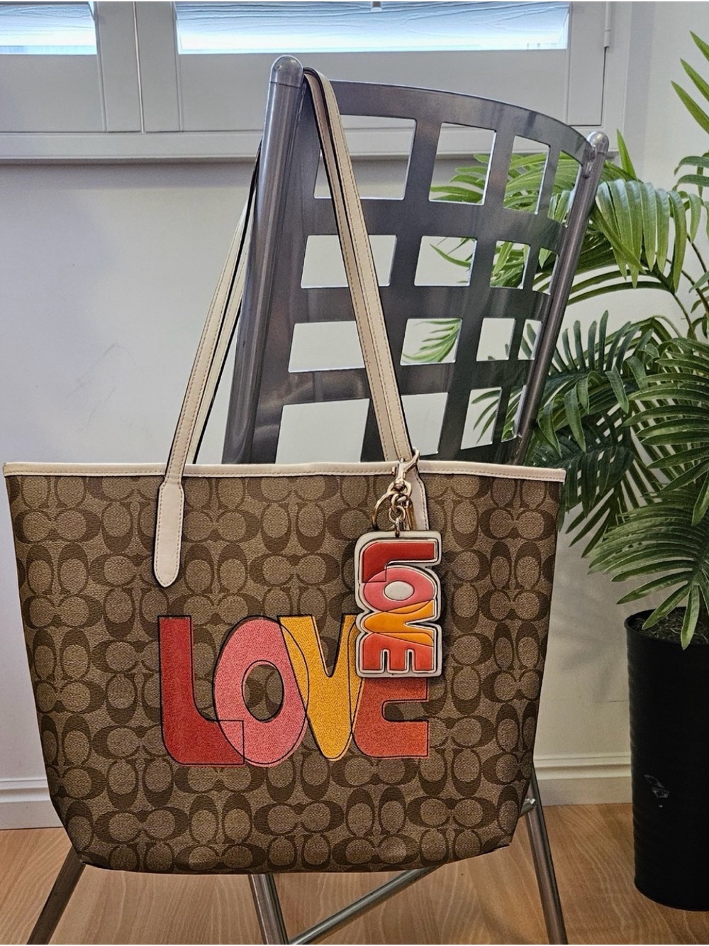 Coach Brown Signature Tote with Pink & Orange LOVE Graphic